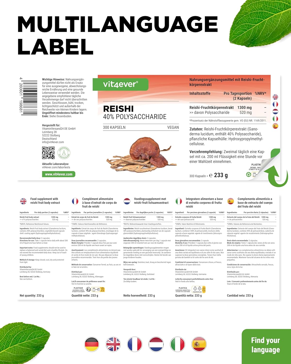 Reishi Intenso svampe-ekstrakt, 650 mg (40% polysakkarider), 180 kapsler, Vit4ever