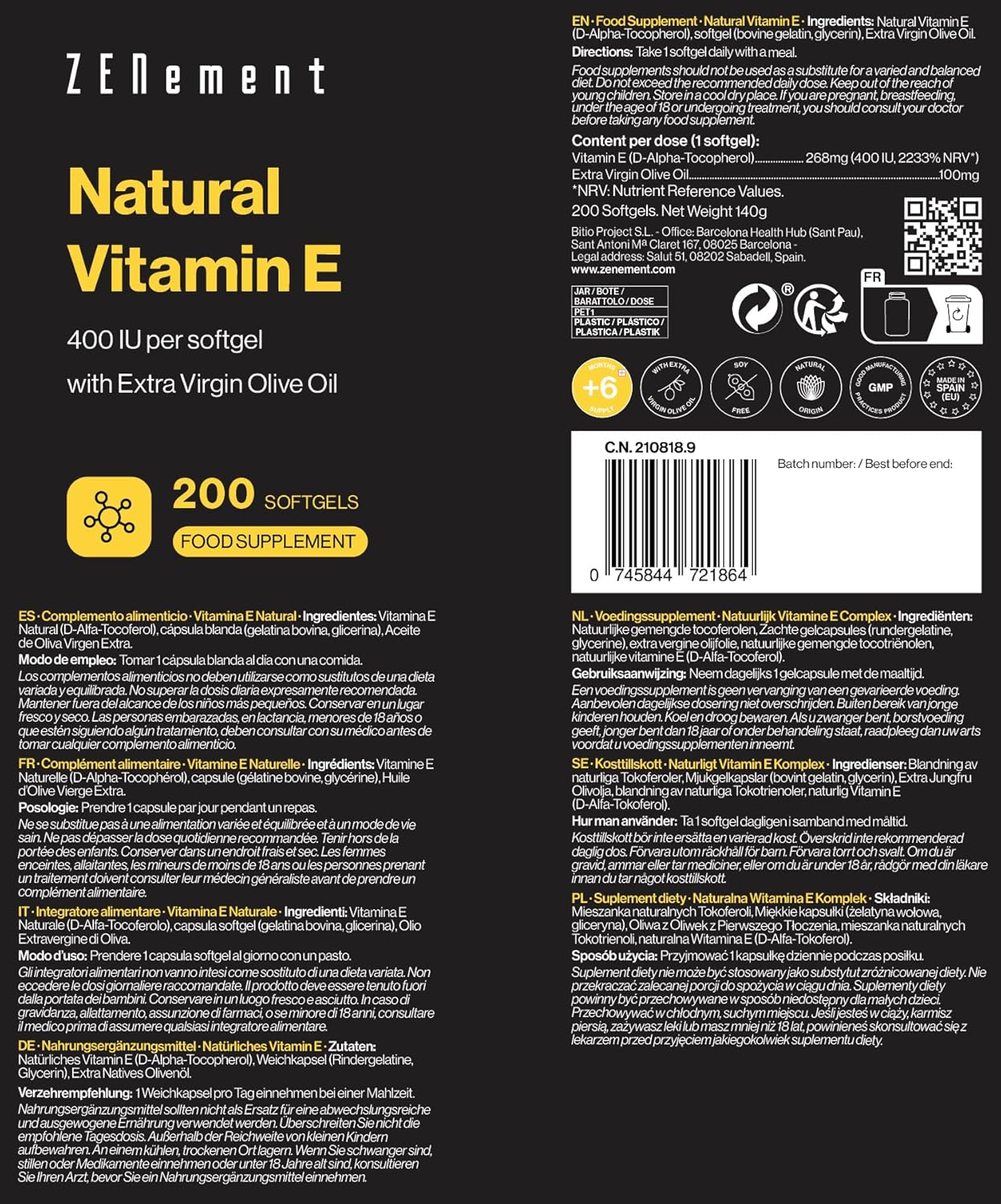 E-vitamin, 268 mg, 400 IE, 200 softgels, Zenement