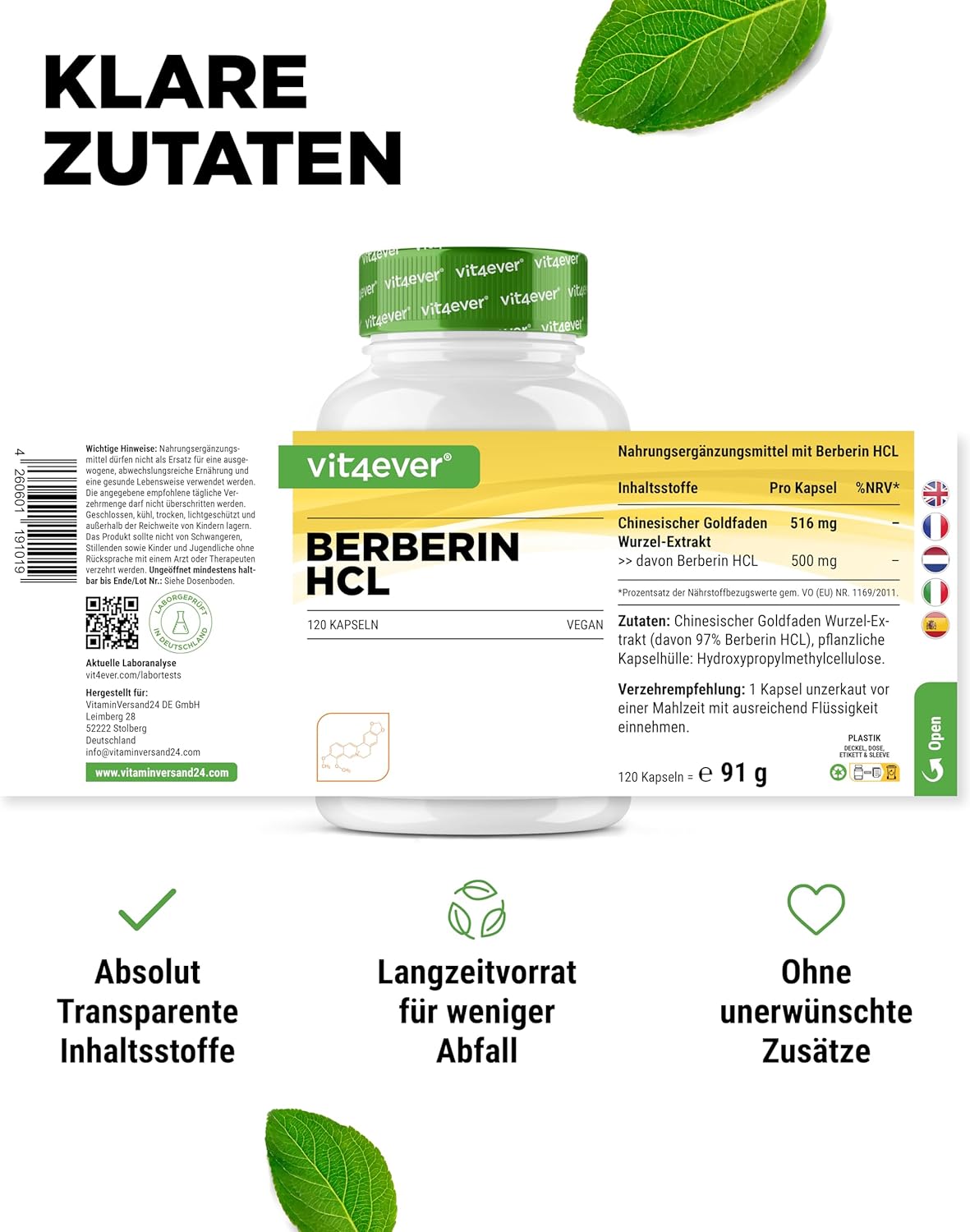 Berberinekstrakt HCL Intenso, 516 mg (500 mg HCL), 120 kapsler, Vit4ever