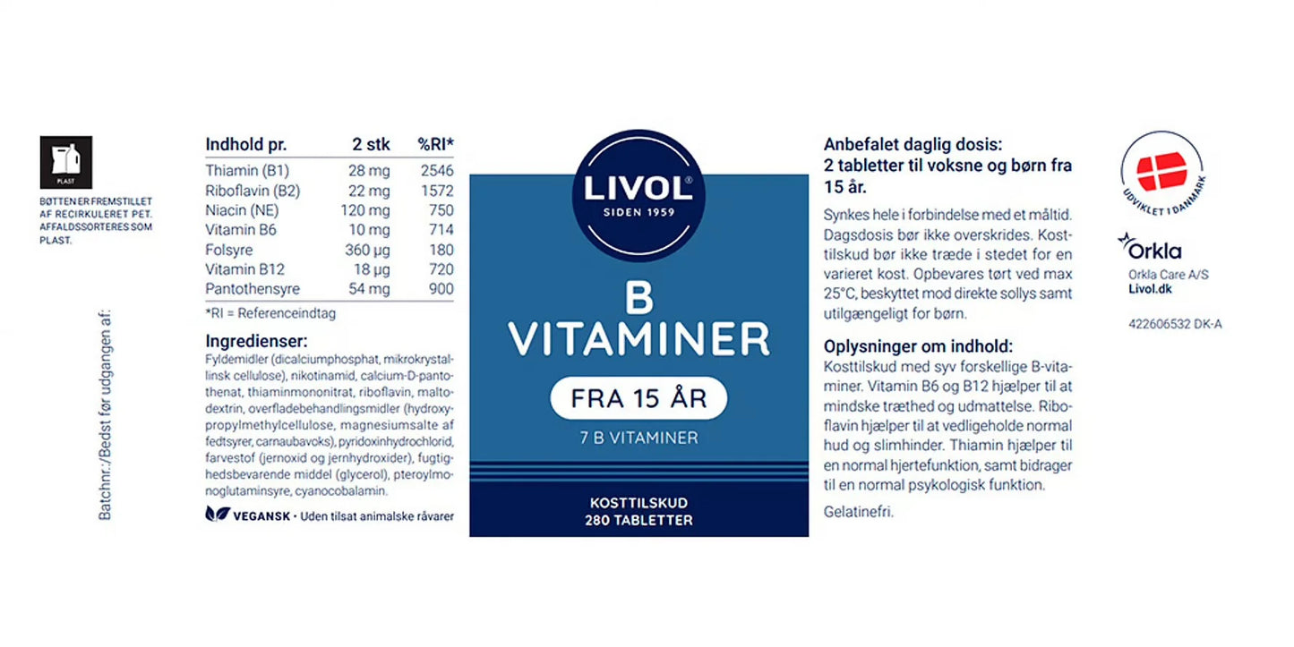 B-kompleks, 7 B-vitaminer, 280 tabletter, Livol