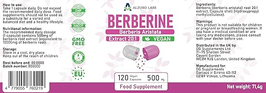 Berberine, 500 mg, 120 kapsler, DG Supplements