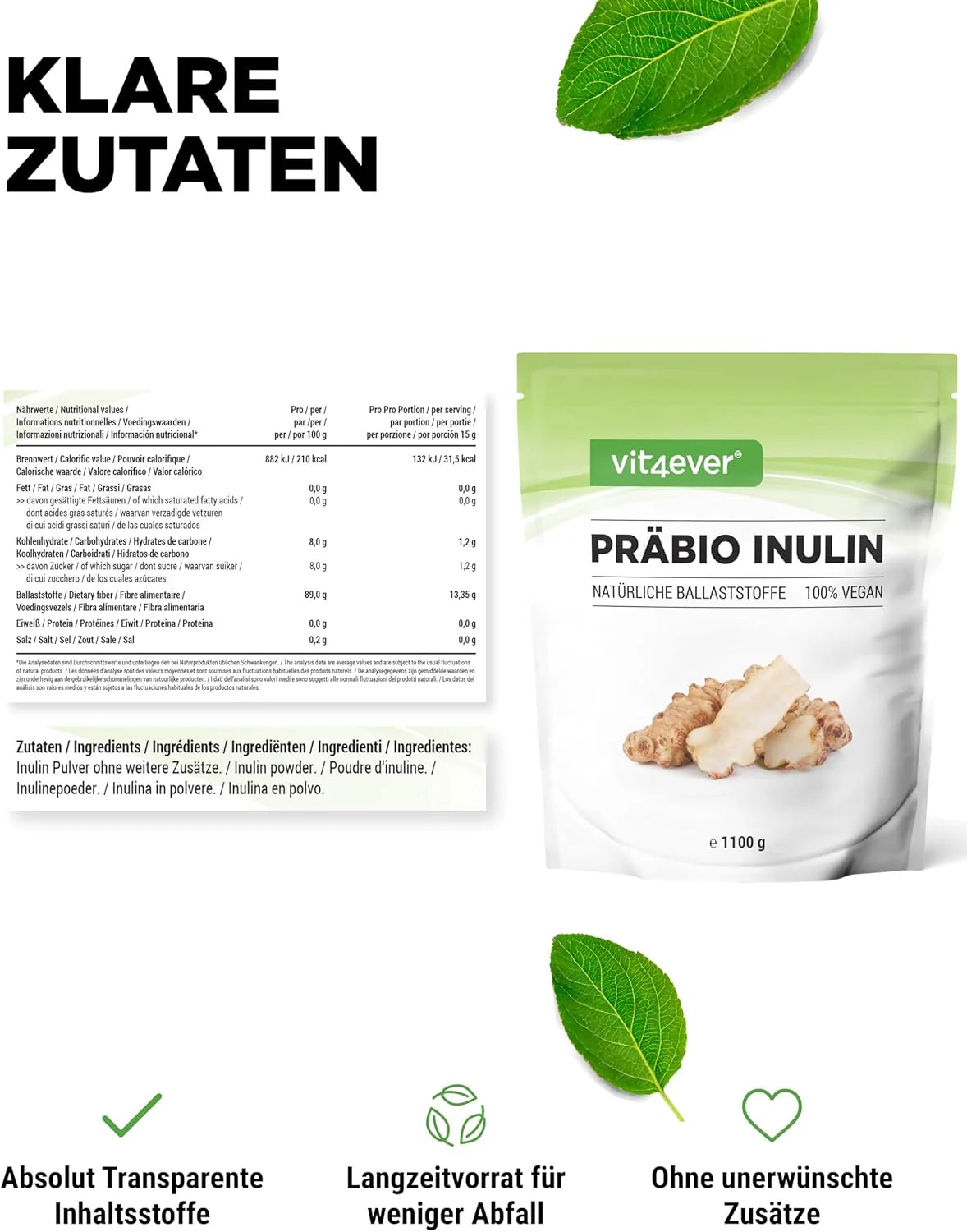Inulin-Præbiotika fra Cikorie, 1100 g pulver, vit4ever