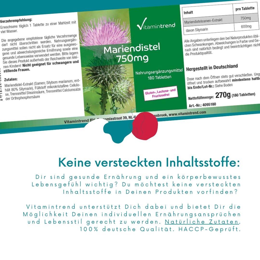 Marietidsel (mælketidsel)-ekstrakt, 750 mg (80% silymarin), 180 tabletter, VitaminTrend