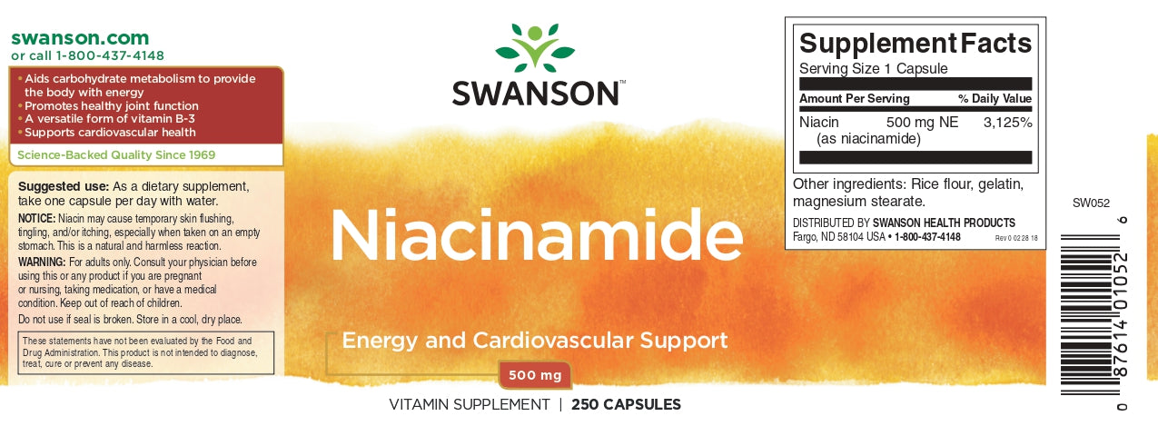 B3-vitamin (Niacinamid), 500 mg, 250 kapsler, Swanson