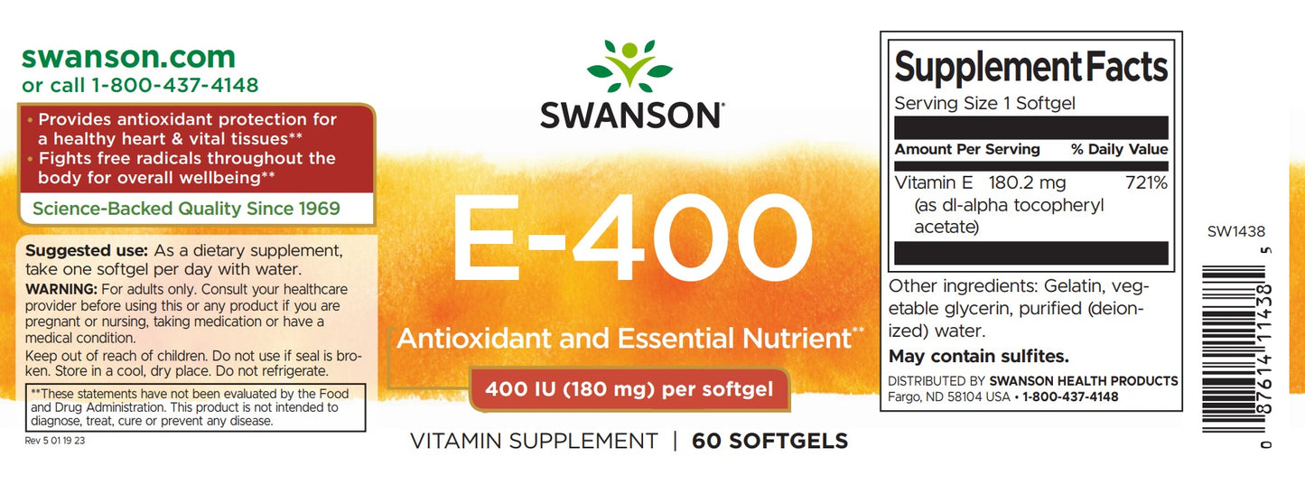 E-vitamin, 268 mg, 400 IE, 100 softgels, Swanson