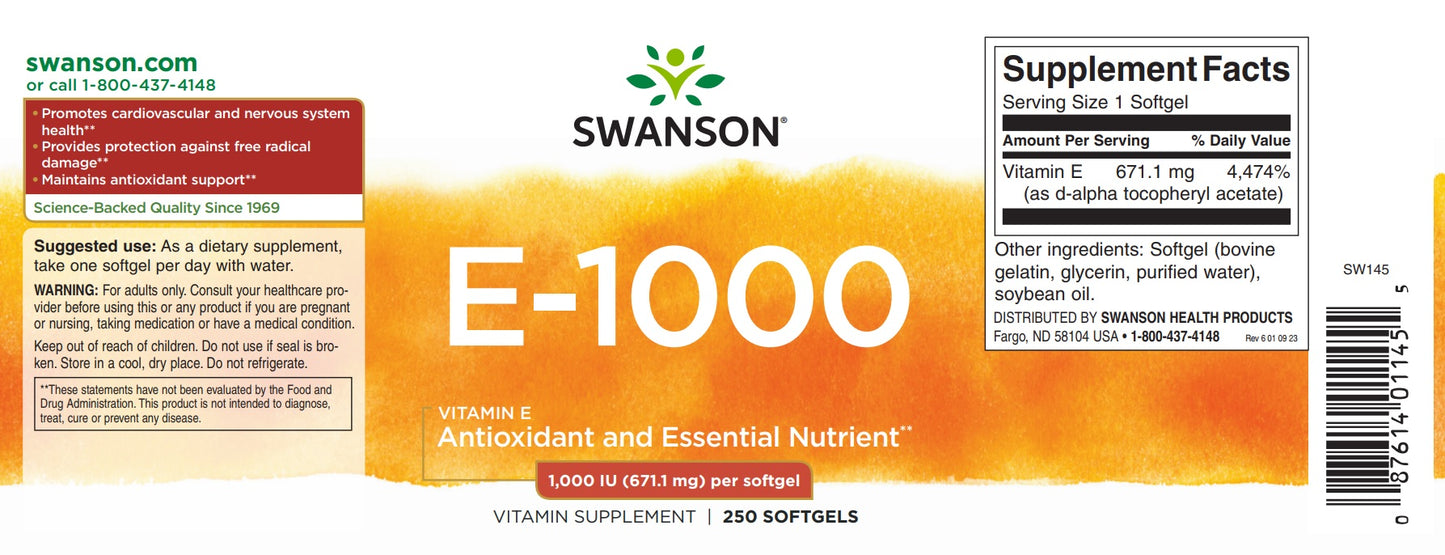 E-vitamin, 671.1 mg, 1000 IE, 250 softgels, Swanson