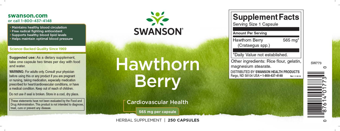 Hvidtjørnebær (Hawthorn Berries) 565 mg, 250 kapsler, Swanson