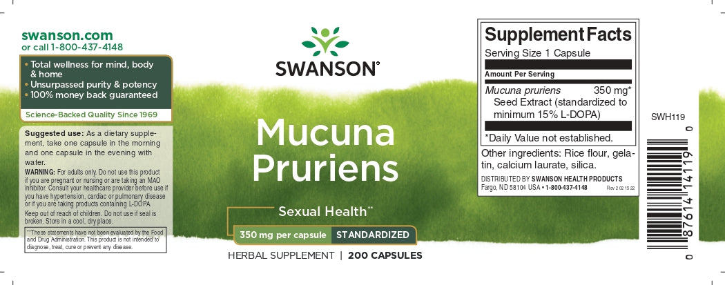 Mucuna Pruriens, 350 mg (15% L-DOPA), 200 kapsler, Swanson (fløjlsbønner)