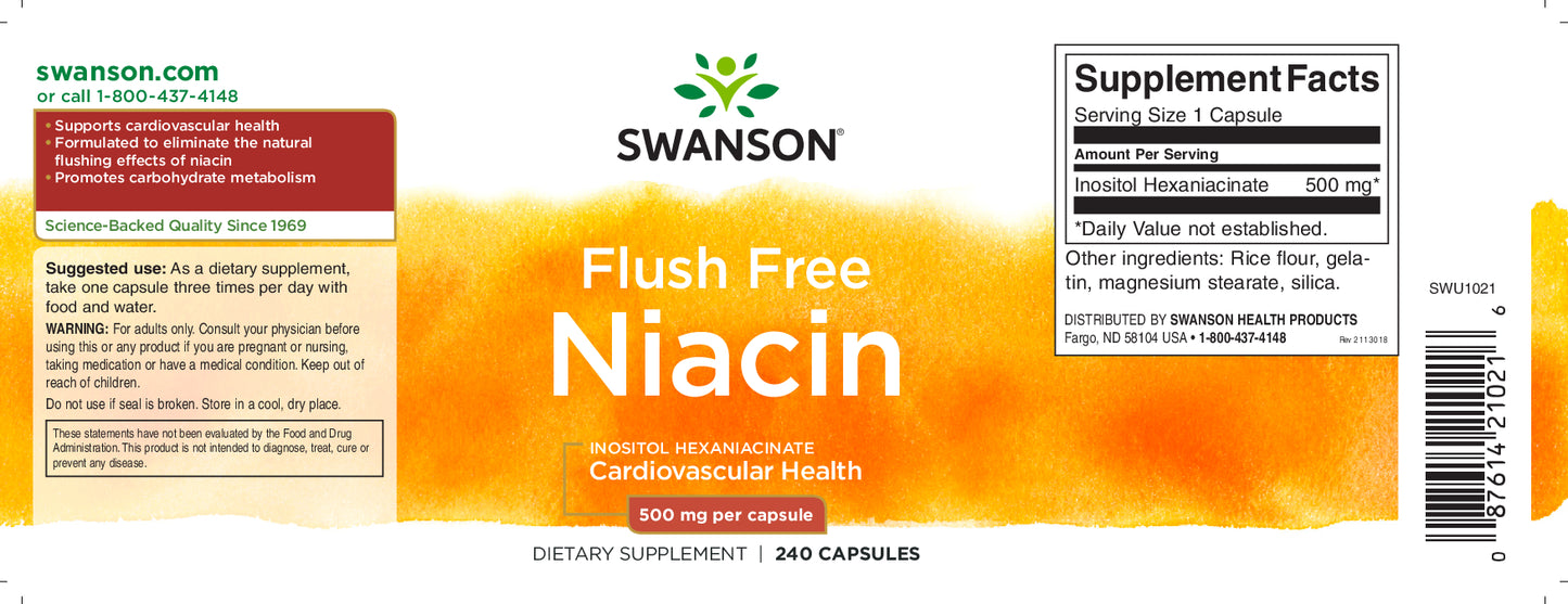 Flush Free Niacin, 500 mg, 240 kapsler, Swanson