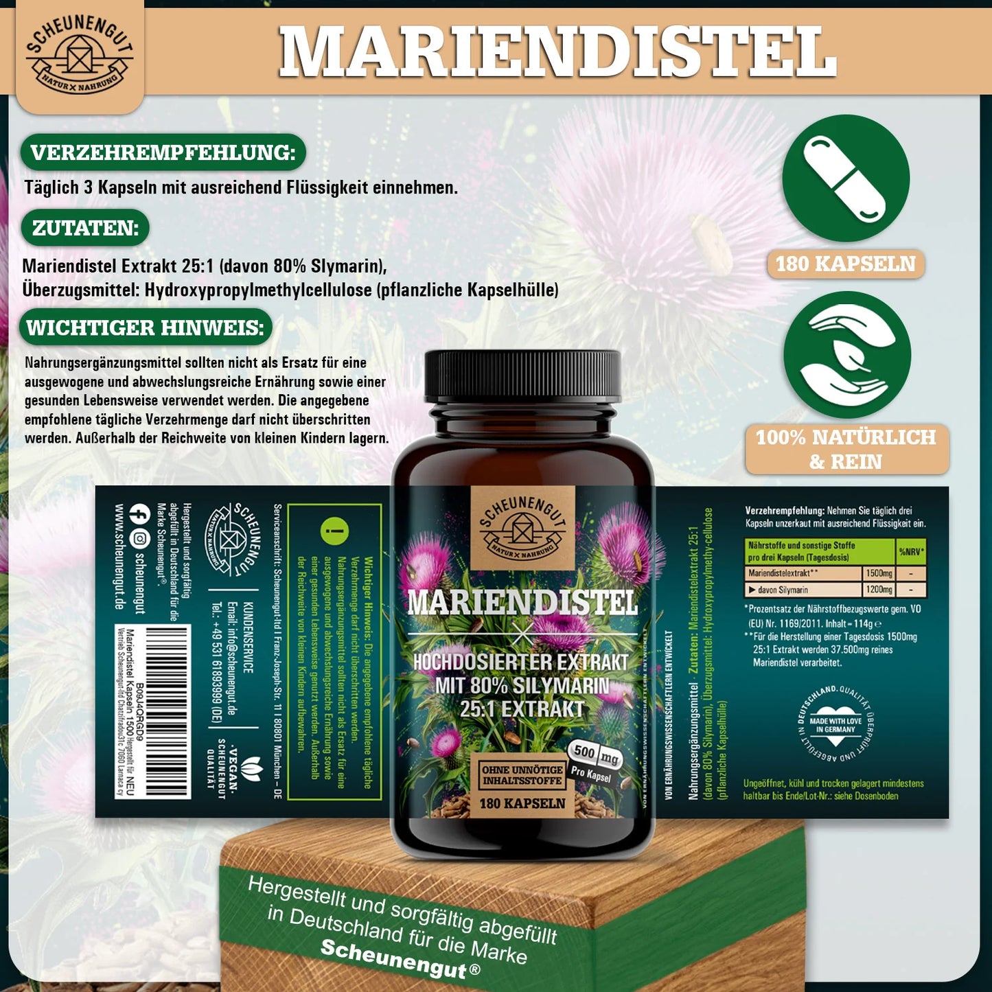 Marietidsel (mælketidsel)-ekstrakt i høj dosis 25:1, 500 mg (80% silymarin) , 180 kapsler, Scheunengut