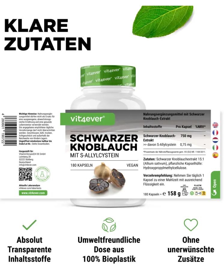 Sort hvidløgsekstrakt, 180 kapsler med 750 mg, Vit4ever