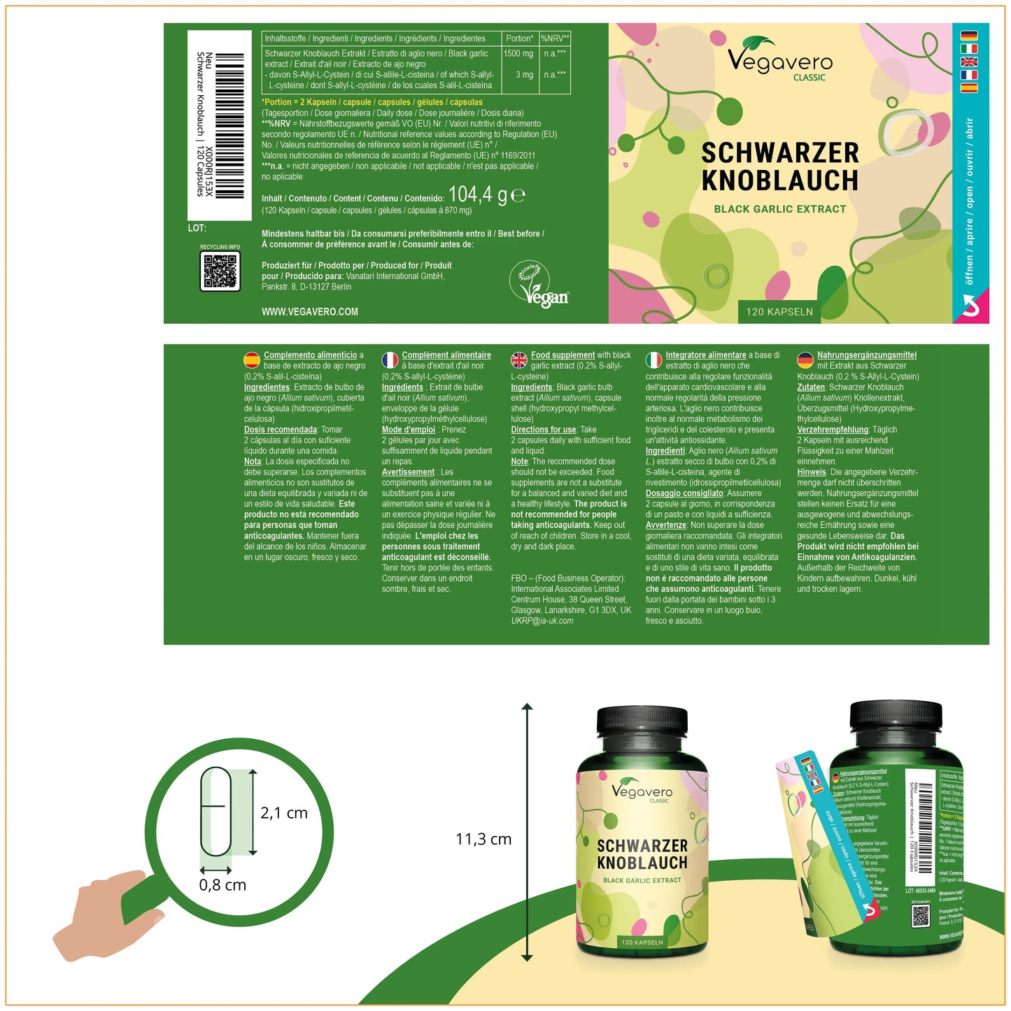 Sort hvidløgsekstrakt, 120 kapsler med 750 mg, 3 mg SaC, Vegavero (På lager ca 24/10)
