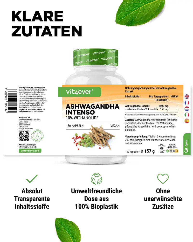 Ashwagandha Ekstrakt (10% withanolider) 750 mg, 180 kapsler, Vit4ever