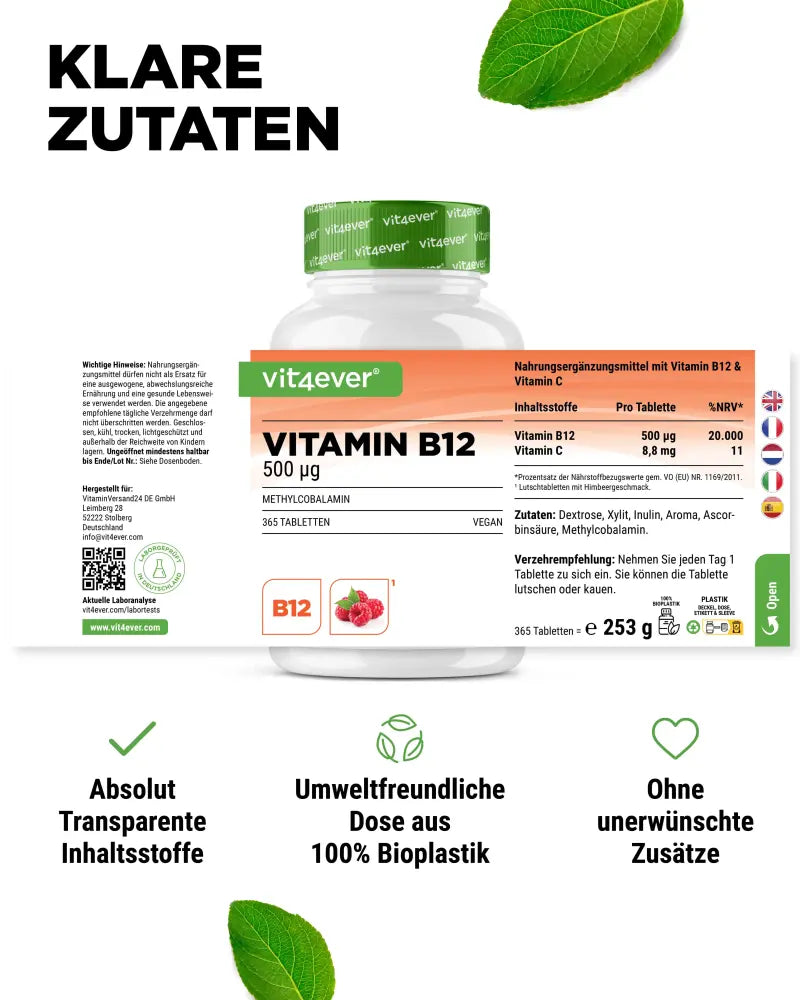 Vitamin B12, 365 sugetabletter, Vit4ever (Hindbærsmag)