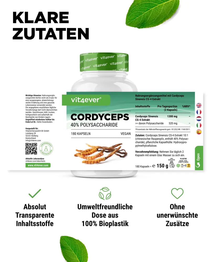 Cordyceps Intenso svampe-ekstrakt, 650 mg, 40% polysakkarider, 180 kapsler, Vit4ever