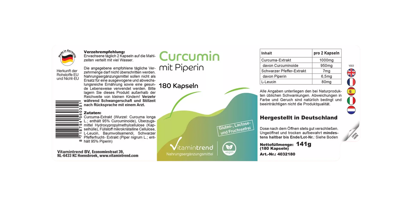 Gurkemejeekstrakt med bioperin, 500 mg (85% curcuminoider), 180 kapsler, VitaminTrend