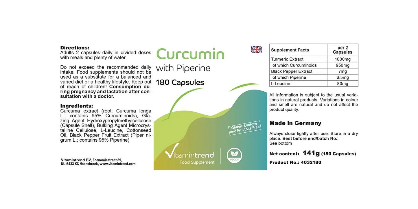 Gurkemejeekstrakt med bioperin, 500 mg (85% curcuminoider), 180 kapsler, VitaminTrend