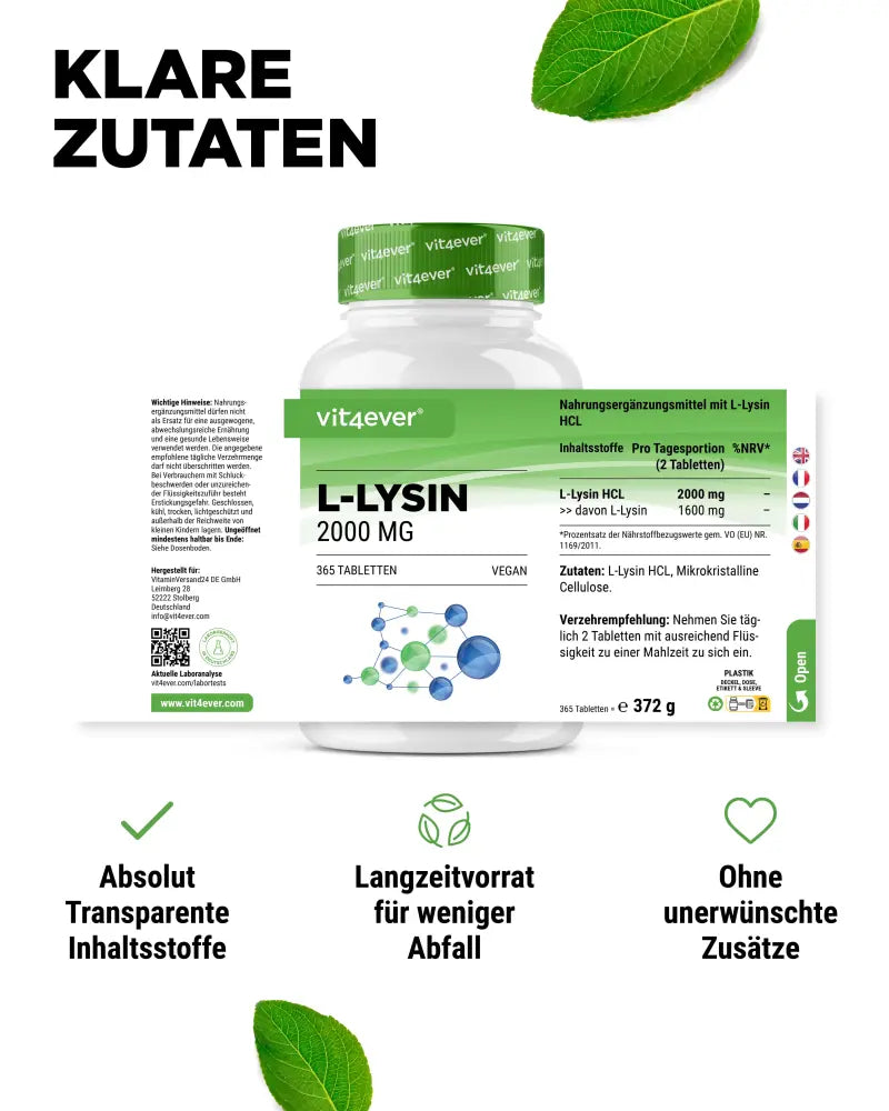 L-Lysin 2000, 1000 mg, 365 tabletter, vit4ever