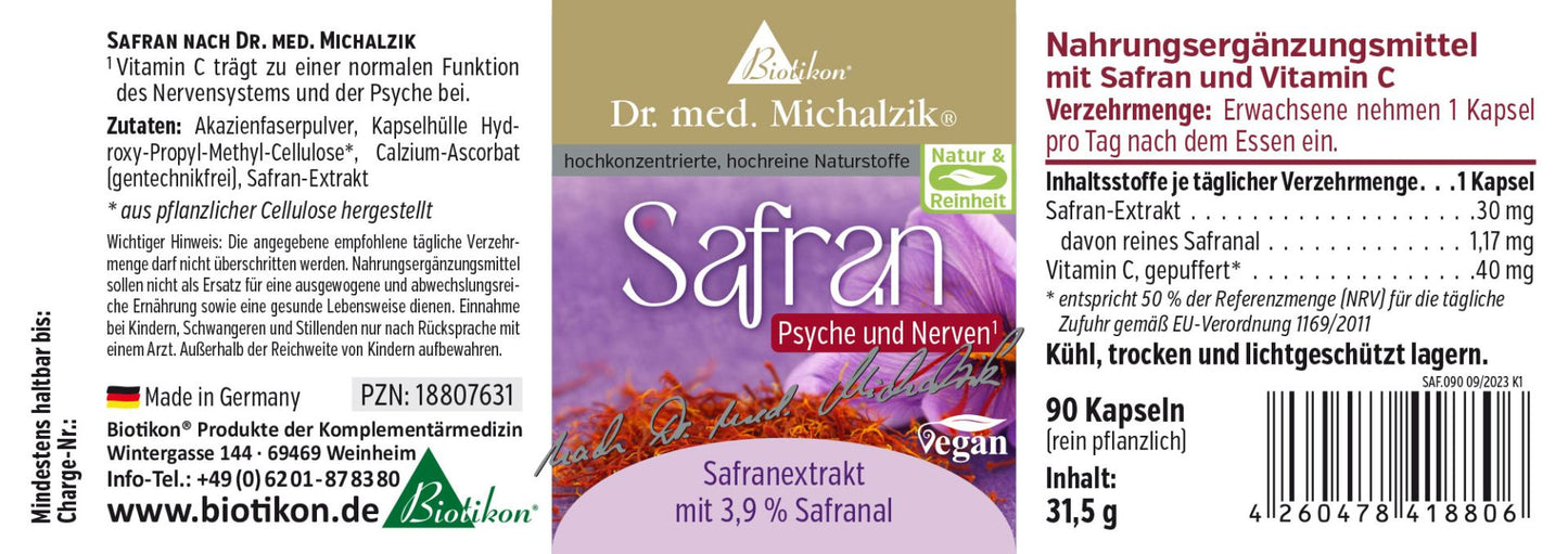 Safranekstrakt, 30 mg (3.9% safranal), 90 kapsler, Biotikon
