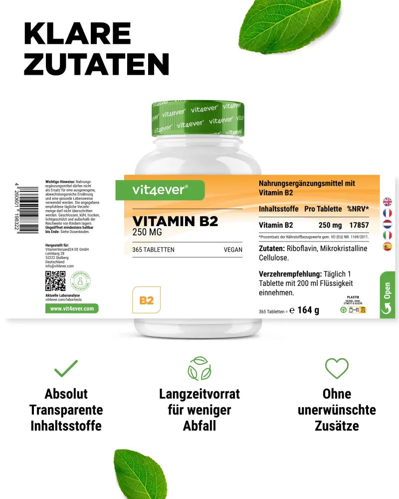 B-Vitamin B2, 250 mg, 365 tabletter, Vit4ever