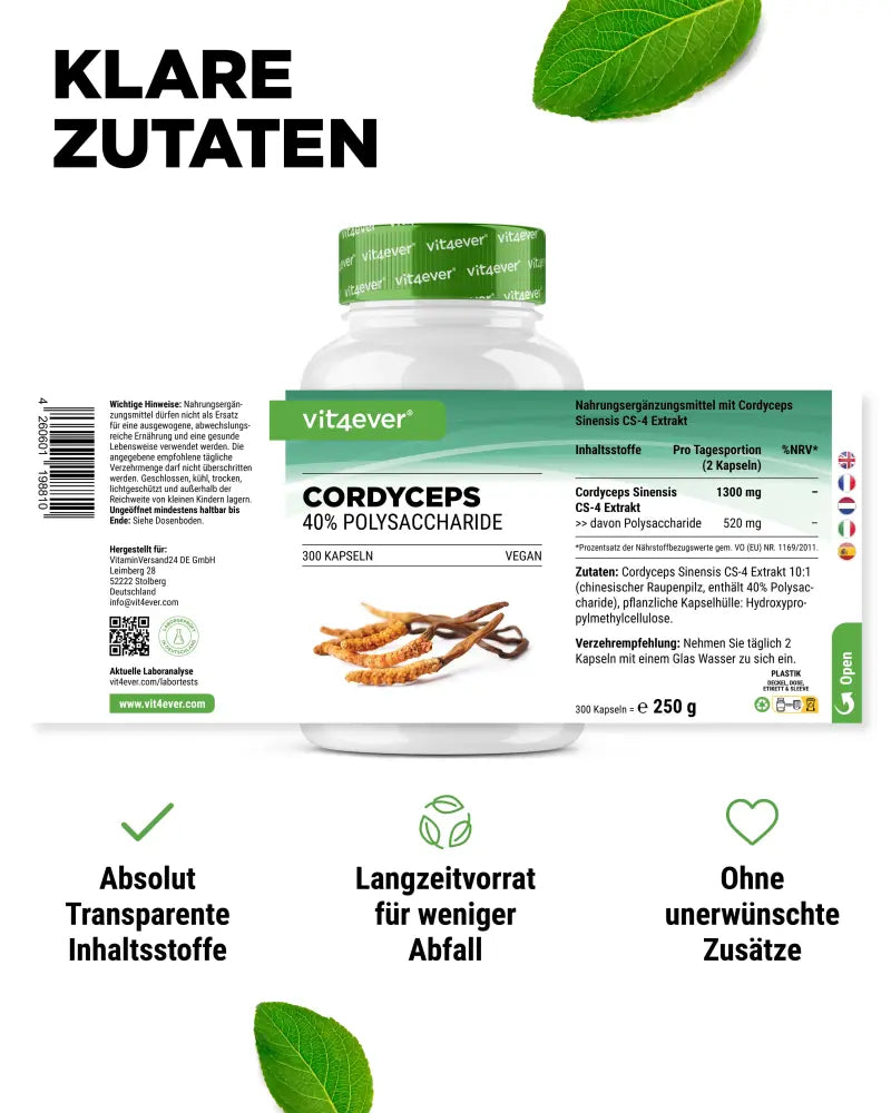 Cordyceps Intenso svampe-ekstrakt, 650 mg, 40% polysakkarider, 300 kapsler