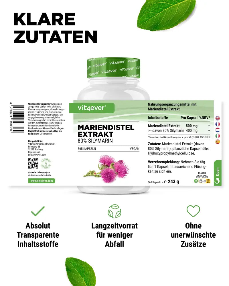 Marietidsel (mælketidsel)-ekstrakt, 500 mg (80% silymarin), 365 kapsler, Vit4ever (RESTORDRE PÅ UBESTEMT TID FRA LEVERANDØR)