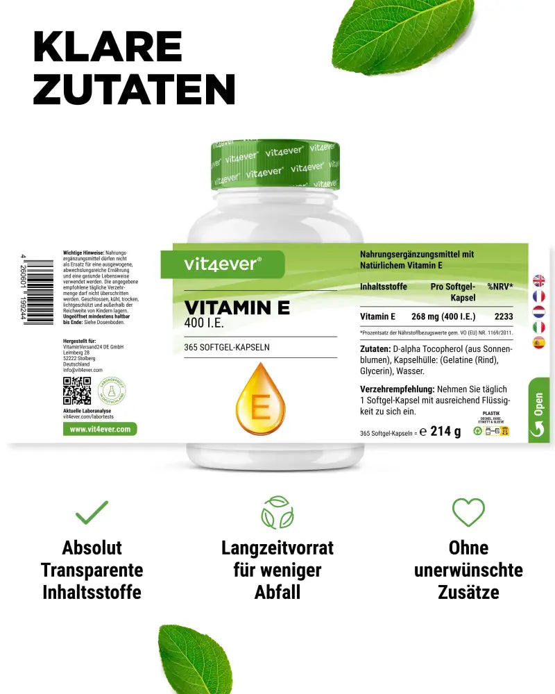 E-vitamin, 400 i.e., 365 Softgel kapsler, Vit4ever (Restordre ubestemt tid hos leverandør)