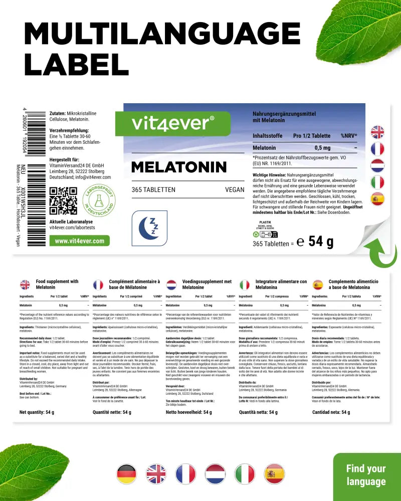 Melatonin, 1 mg, 365 tabletter, Vit4ever