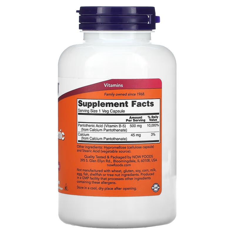 B-Vitamin B5, 250 kapsler, 500mg, Now Foods (Pantothenic Acid)