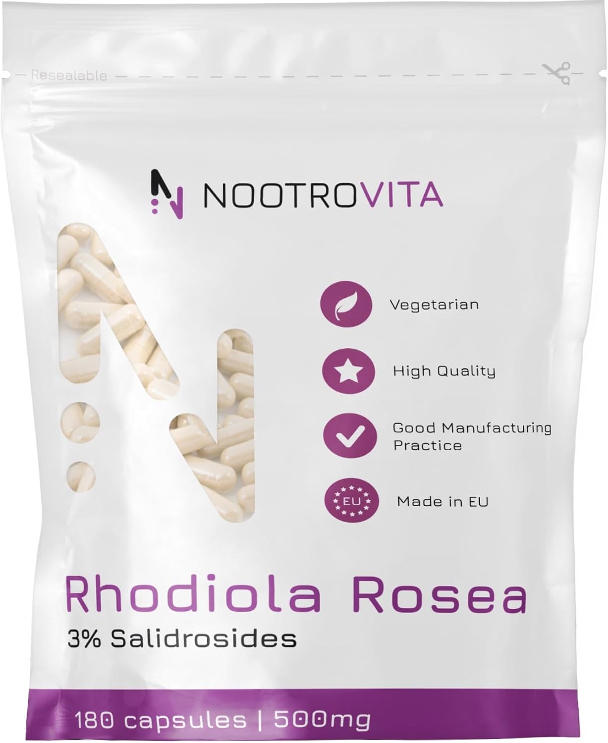 Rosenrod Rhodiola Rosea, 500 mg, 180 kapsler, Nootrovita