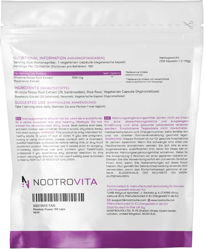 Rosenrod Rhodiola Rosea, 500 mg, 180 kapsler, Nootrovita