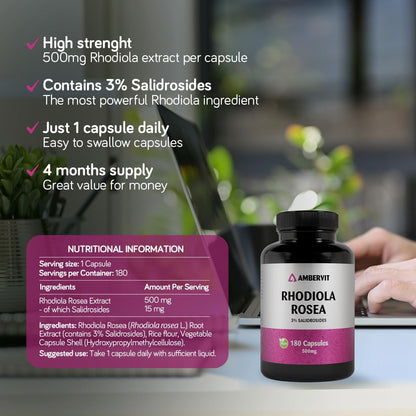 Rosenrod Rhodiola Rosea, 500 mg, 180 kapsler, Ambervit