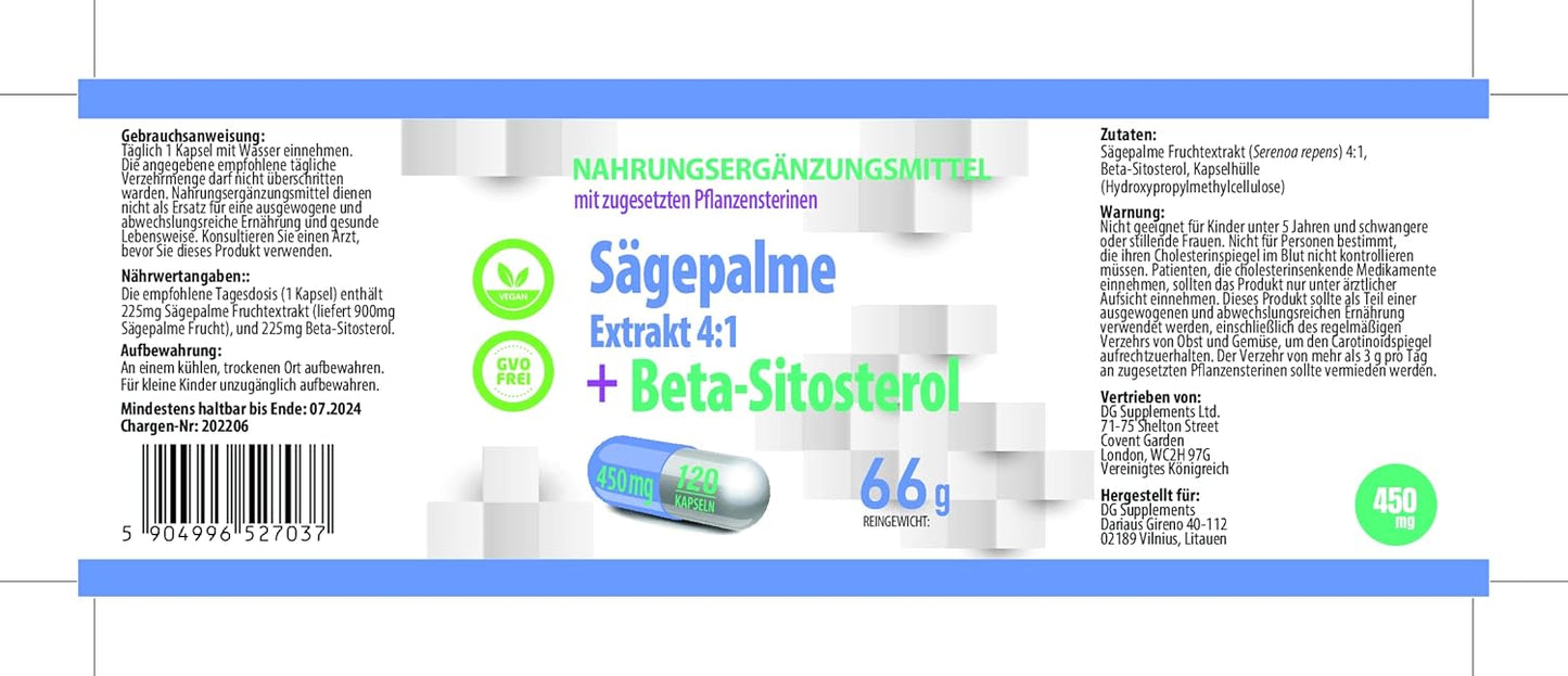 Savpalme 450 mg, vegansk, 120 kapsler, DG Supplements