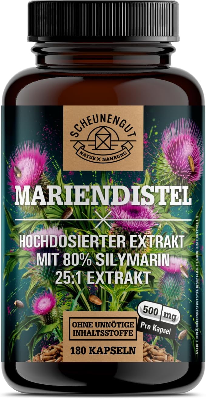 Marietidsel (mælketidsel)-ekstrakt i høj dosis 25:1, 500 mg (80% silymarin) , 180 kapsler, Scheunengut