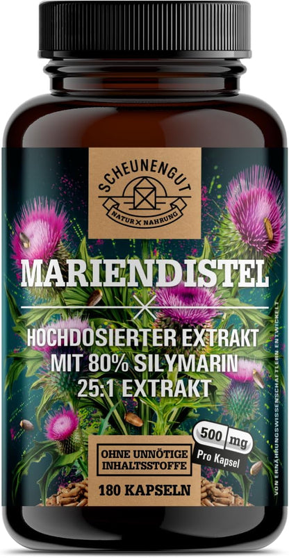 Marietidsel (mælketidsel)-ekstrakt i høj dosis 25:1, 500 mg (80% silymarin) , 180 kapsler, Scheunengut