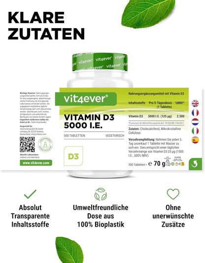 Vitamin D3, Depot 5000 I.E., 500 tabletter, Vit4ever