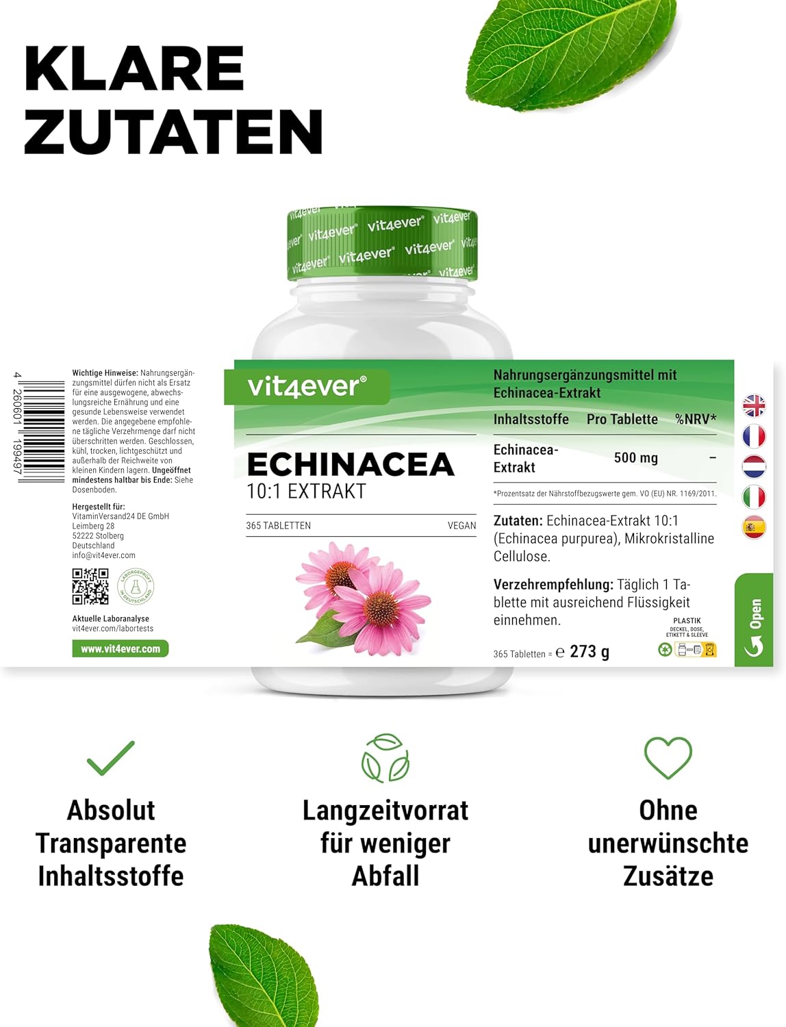 Echinacea 500mg, 365 kapsler, Vit4ever (Erstatter urte-pensil)