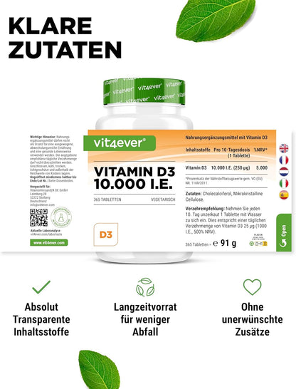 Vitamin D3, Depot, 10.000 IE, 365 tabletter, Vit4ever