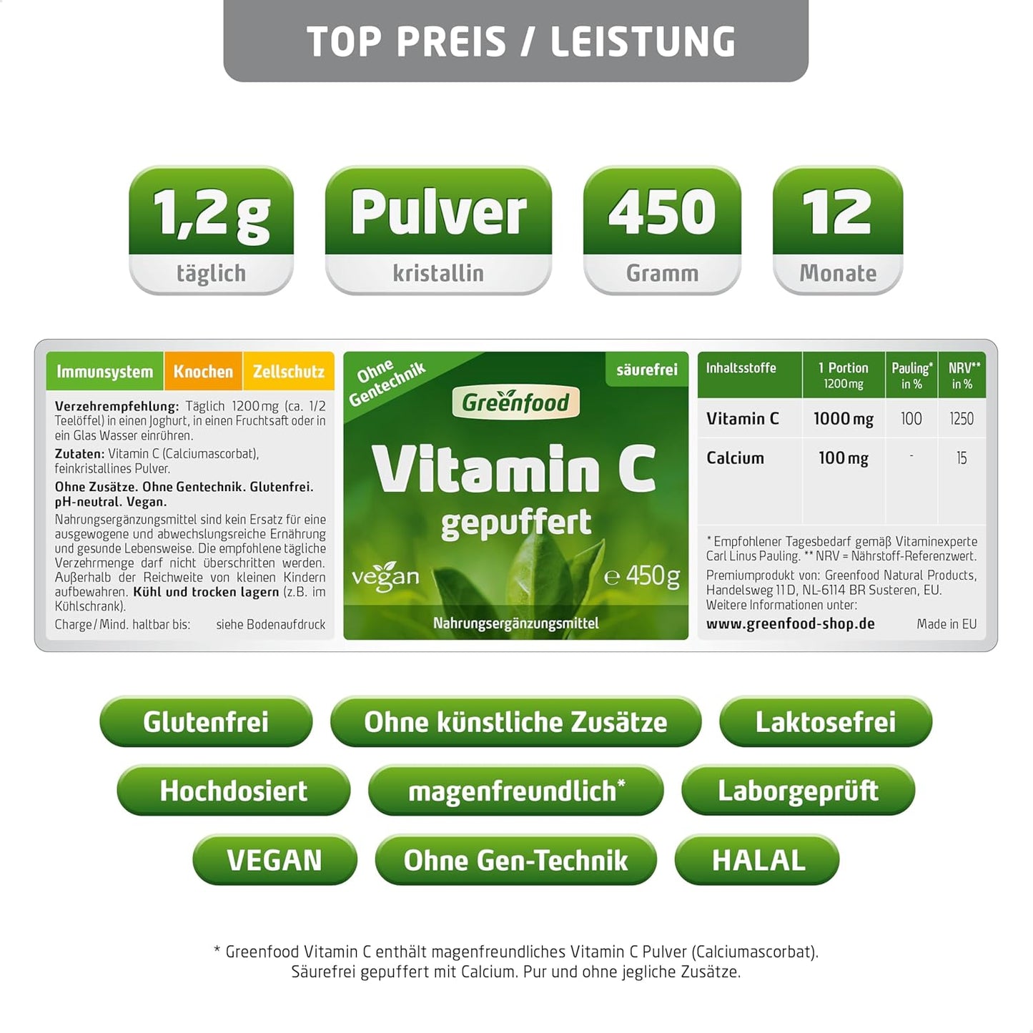 C-vitamin, Buffered, 1200 mg, 450 gram Pulver, Greenfood