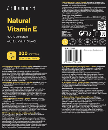 E-vitamin, 268 mg, 400 IE, 200 softgels, Zenement