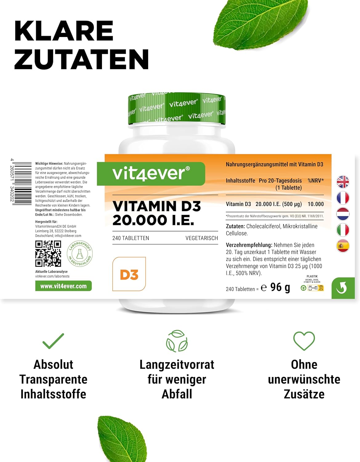 Vitamin D3, Depot, 20.000 IE, 240 tabletter, Vit4ever
