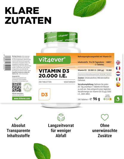 Vitamin D3, Depot, 20.000 IE, 240 tabletter, Vit4ever
