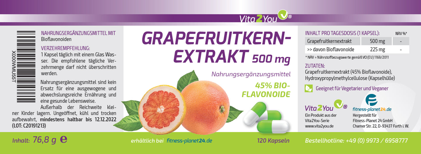 Grapefrugtkerne-ekstrakt, 500 mg (45% flavonoider), 120 kapsler, Vita2you