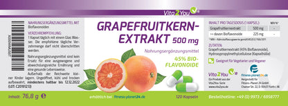 Grapefrugtkerne-ekstrakt, 500 mg (45% flavonoider), 120 kapsler, Vita2you