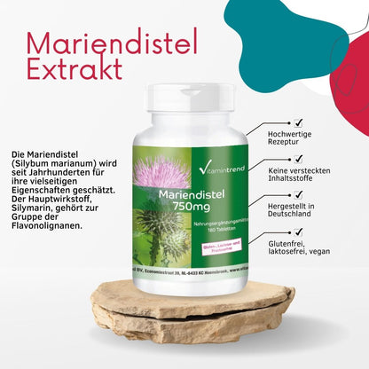 Marietidsel (mælketidsel)-ekstrakt, 750 mg (80% silymarin), 180 tabletter, VitaminTrend