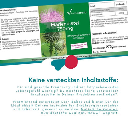 Marietidsel (mælketidsel)-ekstrakt, 750 mg (80% silymarin), 180 tabletter, VitaminTrend