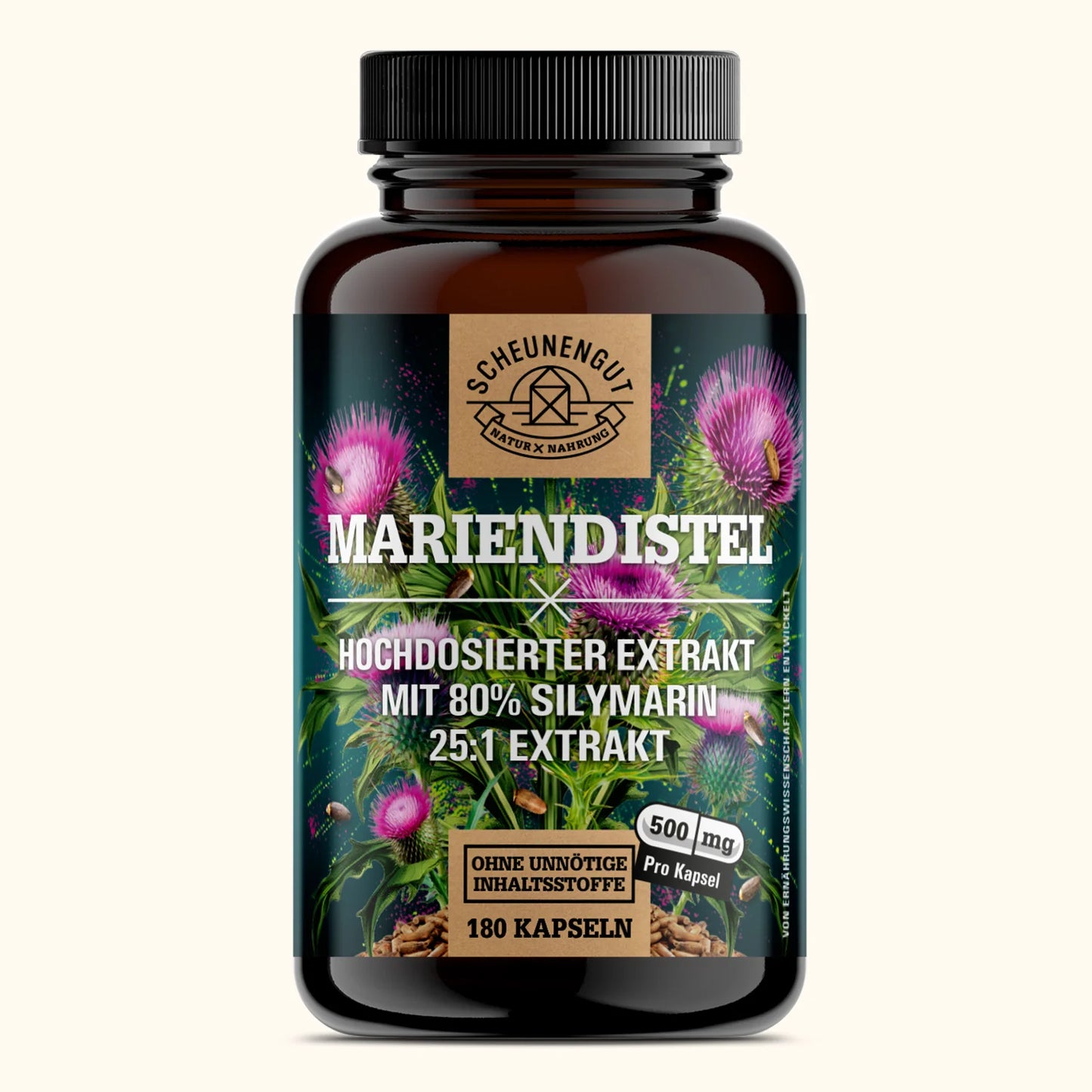 Marietidsel (mælketidsel)-ekstrakt i høj dosis 25:1, 500 mg (80% silymarin) , 180 kapsler, Scheunengut
