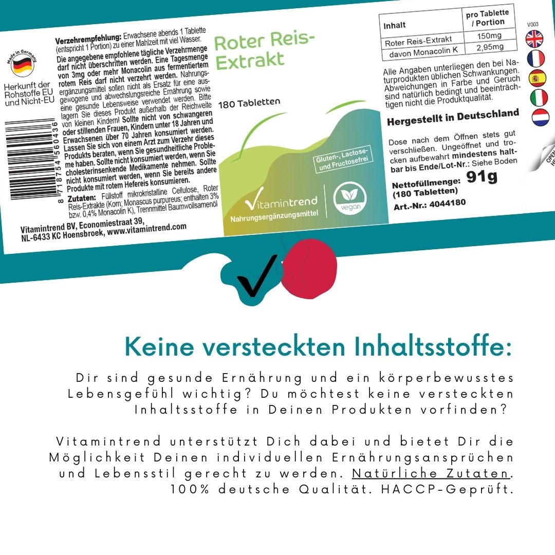 Rød ris ekstrakt, 180 tabletter med Monacolin K, VitaminTrend (gærris)