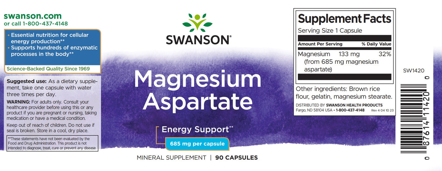 Magnesium-aspartat, 685 mg, 90 kapsler, Swanson