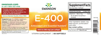 E-vitamin, 268 mg, 400 IE, 100 softgels, Swanson